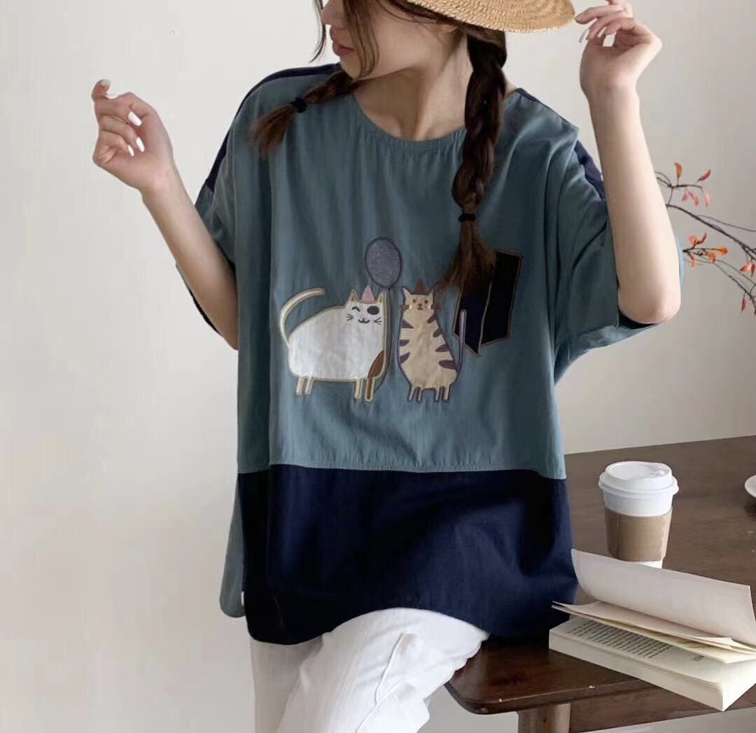 เสื้อผ้าฝ้ายต่อลายปักลายแมว