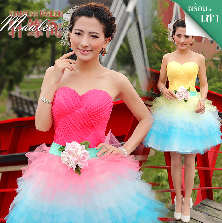 พร้อมเช่า ชุดแฟนซี เช่า 500 ชุดราตรีสั้น เกาะอก สีชมพู สีหวานเย็น อกจับจีบตีเกล็ด กระโปรงตาข่าย น่ารักมาก
