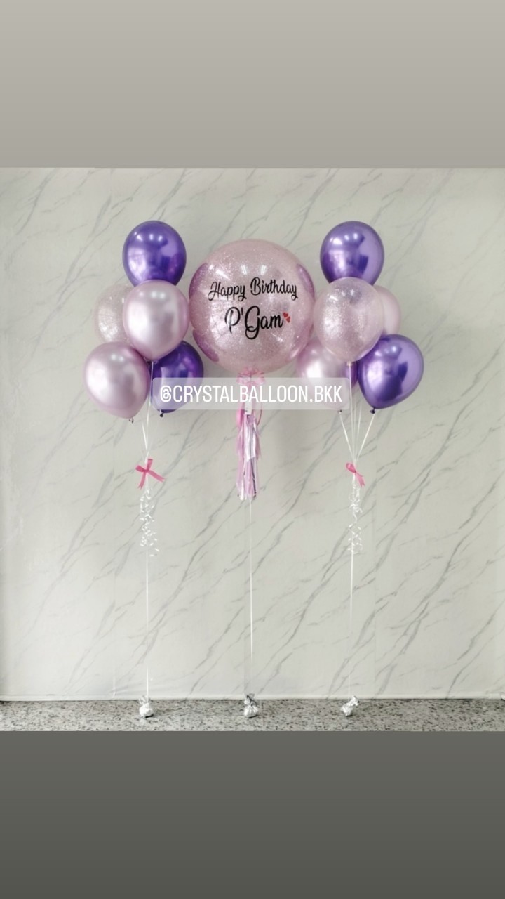 ลูกโป่ง วันเกิด Bubble ขนาด 24" กลิตเตอร์สีชมพู 1 ลูก พร้อม ช่อลูกโป่งสีโครเมี่ยม ช่อ 5 ลูก 2 ช่อ พร้อมตกแต่ง สามารถเปลี่ยนสีลูกโป่ง/เปลี่ยนข้อความ/เปลี่ยนขนาดได้