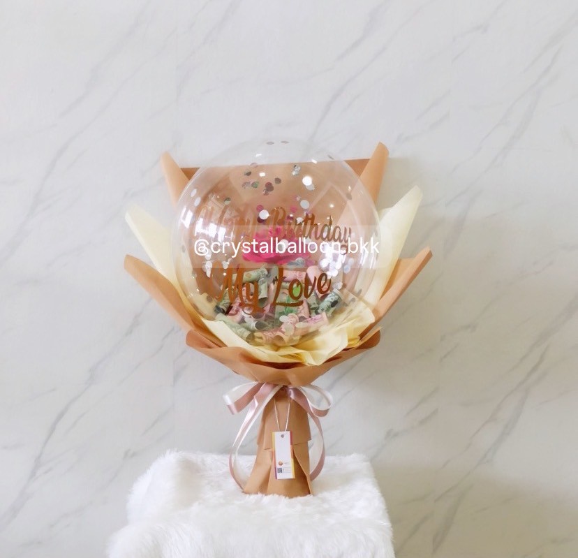 Flower Balloon ดอกกุหลาบประดิษฐ์ 1 ดอก Bubble ขนาด 18" ใส่Confetti สีเงิน สามารถใส่เงิน 30 ใบ พร้อมตกแต่ง สามารถเปลี่ยนข้อความ/เปลี่ยนสีได้
