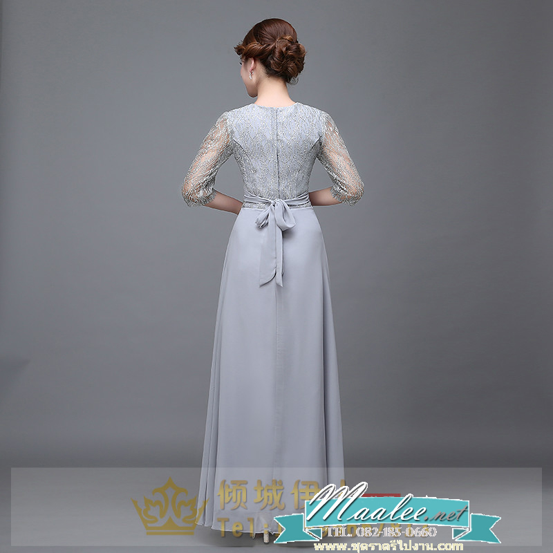 พร้อมเช่า สำหรับสาวไซส์ใหญ่ ชุดราตรียาว สีเทา แขนสามส่วน แต่งเม็ดกากเพชร ช่วงแขนผ้าโปร่ง สวยหรู คาดเข็มขัดช่วงเอว (XL-7XL)