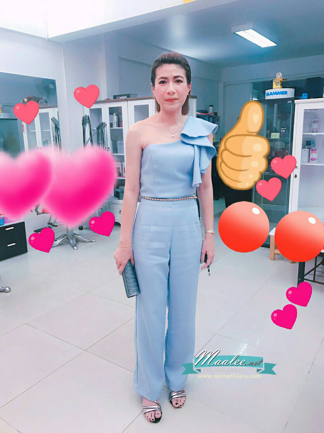 พร้อมส่ง ชุดออกงาน ไหล่เดียว แต่งระบาย สีเทา ใส่ได้ทั้งงานเช้า งานเย็น