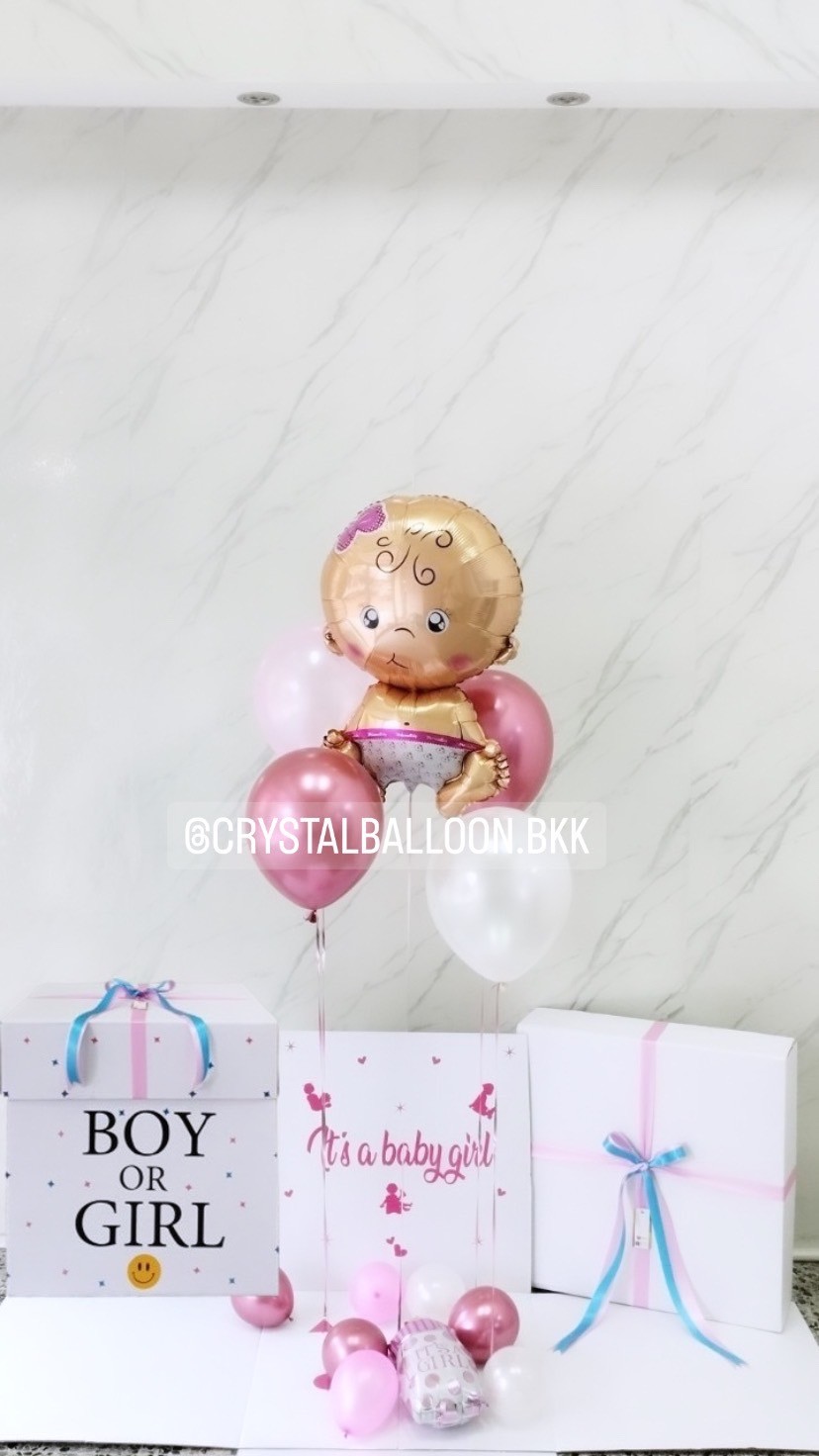 Surprised Box กล่องเซอร์ไพรส์ทายเพศน้อง Theme สีชมพู พร้อมตกแต่ง ลูกโป่ง 4 ลูก ฟอยล์เด็กทารก 1 ชิ้น สามารถใส่รูปได้ 2 รูป สามารถเปลี่ยนสีลูกโป่ง/เปลี่ยนสี-ฟอยล์ตกแต่ง/เปลี่ยนข้อความได้/