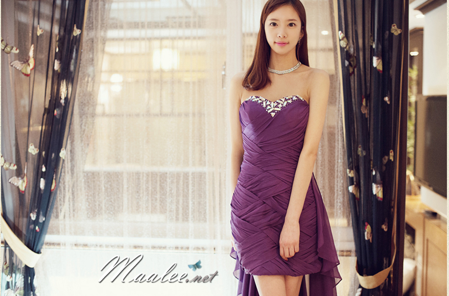 พร้อมส่ง ชุดราตรีสั้น&ชุดเดรสสั้น เกาะอกสีม่วง ผ้าชีฟองแต่งจีบกระโปรงแบบสานต่อกัน อกแต่งเลื่อมหรู ชายยาว (ปรับแก้ไซส์ได้)