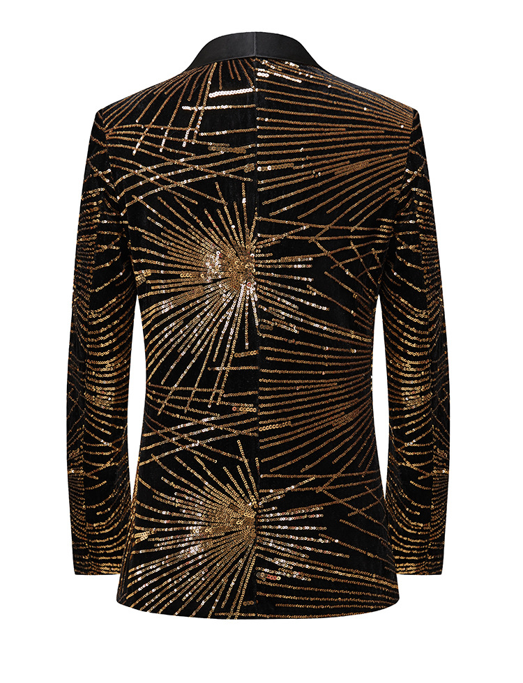 Pre-order เสื้อสูทชาย สูทแฟชั่น สูทดำแต่งเลี่อมเป็นดอกไม้สีทอง