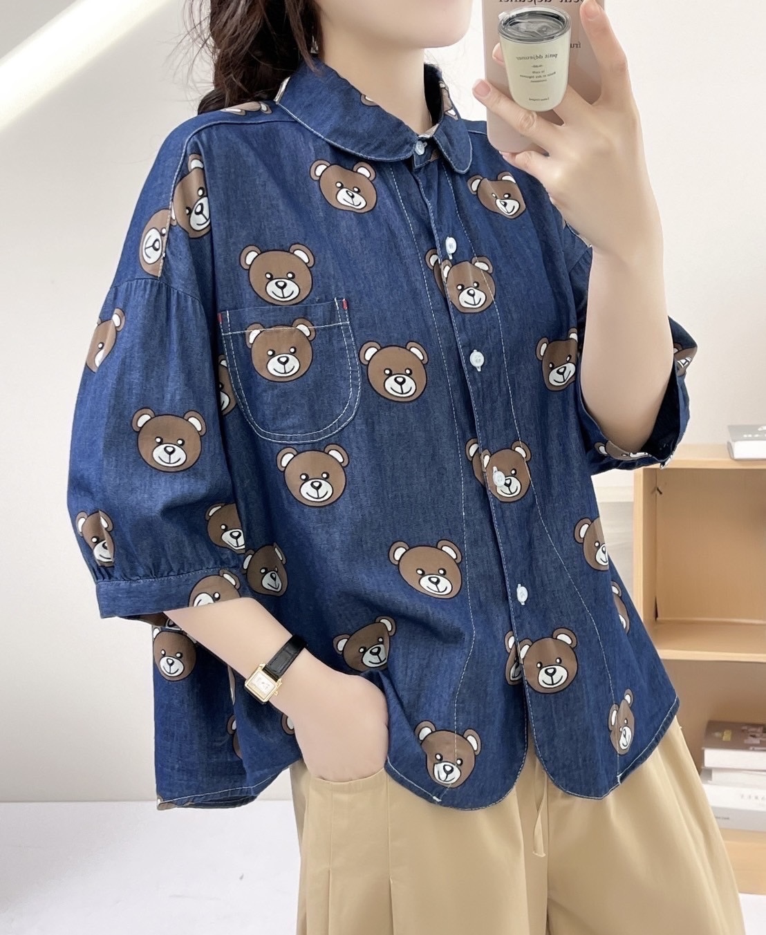เสื้อยีนส์ลายหมีแต่งกระเป๋า