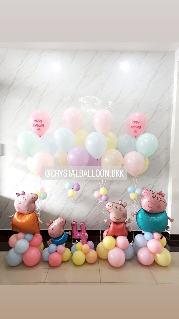 ลูกโป่ง วันเกิดเด็ก Theme Peppa Pig ตั้งฐาน 4 ชิ้น พร้อม ฟอยล์ตัวเลข ขนาด 16" ตั้งฐาน 1 ชิ้น พร้อมตกแต่ง ช่อลูกโป่งพาสเทล ช่อ 5 ลูก 4 ช่อ สามารถเปลี่ยนสีลูกโป่ง/เปลี่ยนข้อความ/เปลี่ยนสี-ฟอยล์ตัวเลข/เปลี่ยนฟอยล์ตกแต่งได้