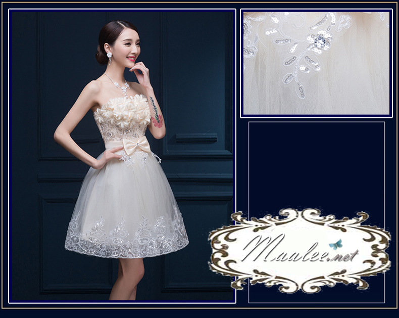 พร้อมเช่า ชุดราตรีสั้น เกาะอก แต่งดอกช่วงอก ผ้าตาข่ายปักเลื่อม แต่งโบว์คริสตัลช่วงเอว สีครีม Champagne