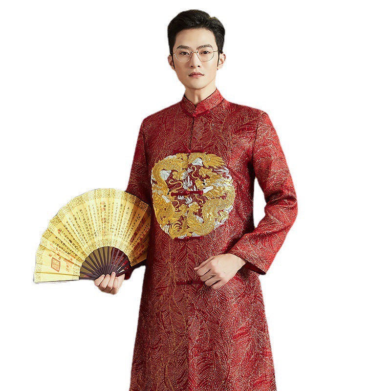 พร้อมส่ง เสื้อคอจีนยาวแขนยาว ผ้าไหมจีน สีแดงปักดิ้นทอง (ไซส์ M)