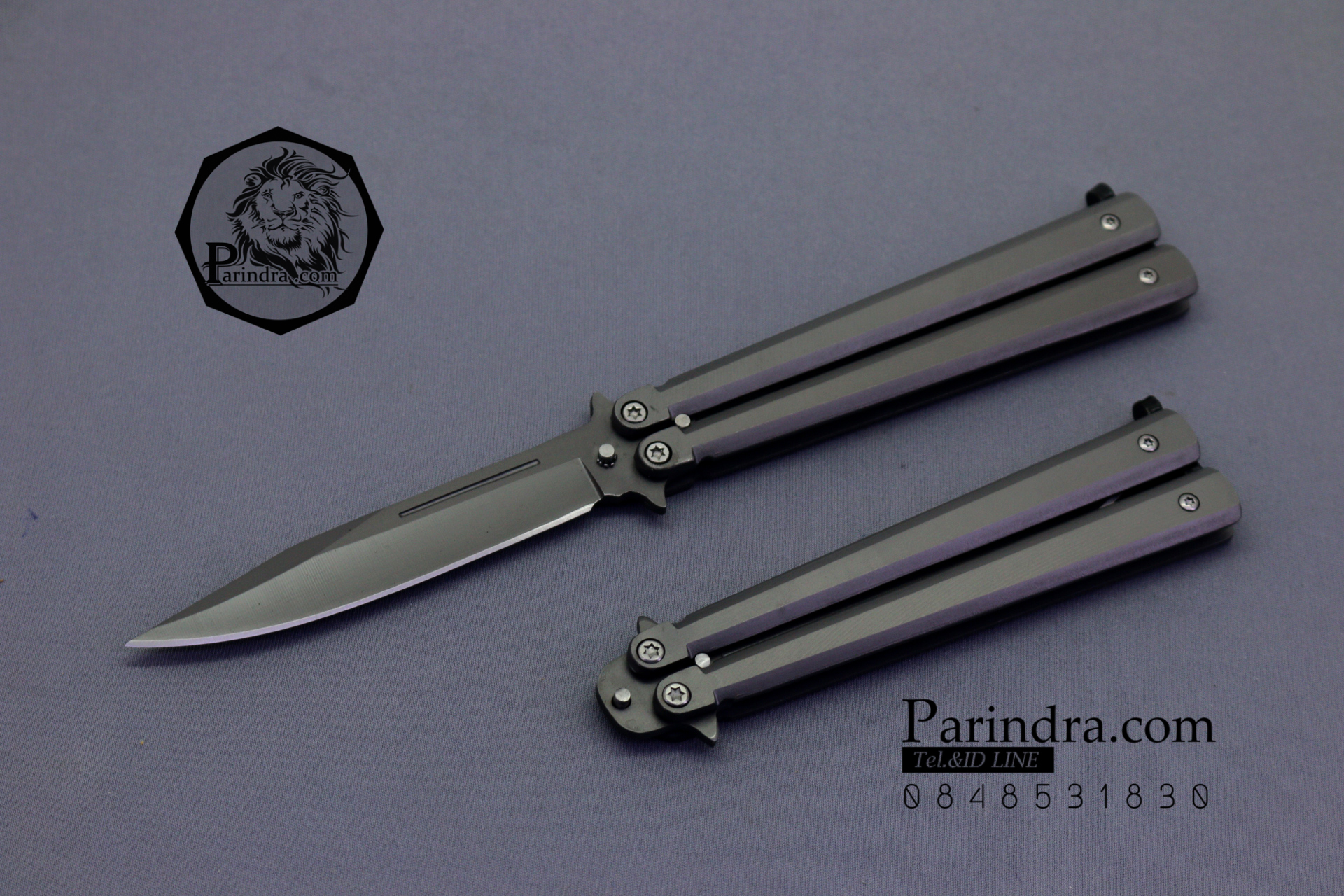 มีดบาลีซอง Balisong มีดควง มีดปีกผีเสื้อ ด้ามเทาเหลี่ยมเรียบ สีเทา ขนาด 9 นิ้ว BLA017
