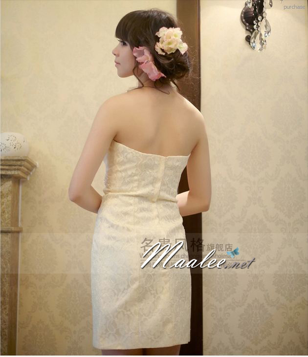 พร้อมส่ง ชุดราตรีสั้น เกาะอก สีครีม Champagne จับจีบหน้าอก กระโปรงลูกไม้