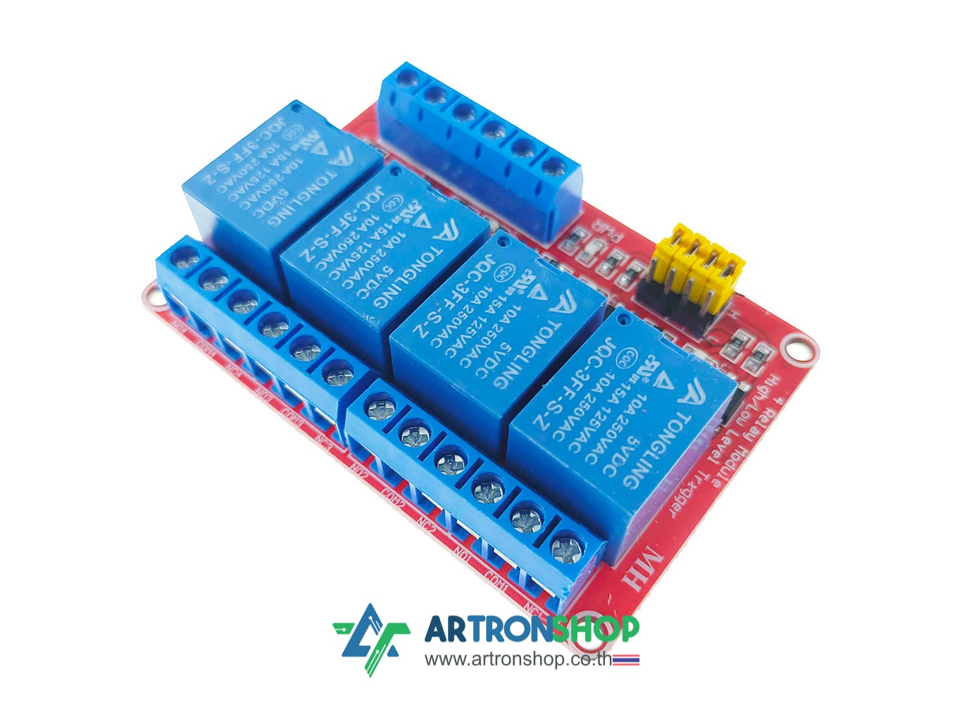 บอร์ดรีเลย์ 5V 4 ช่อง สีแดง มีรูยึดน๊อต เลือกโหมดการทำงานได้