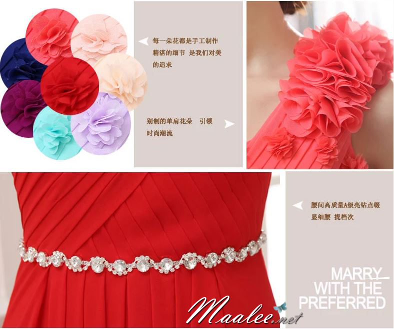 พร้อมเช่า ชุดราตรียาว ไหล่เดียว ผ้าชีฟองคาดเพชรที่เอว แต่งดอกสวย สีเหลือง