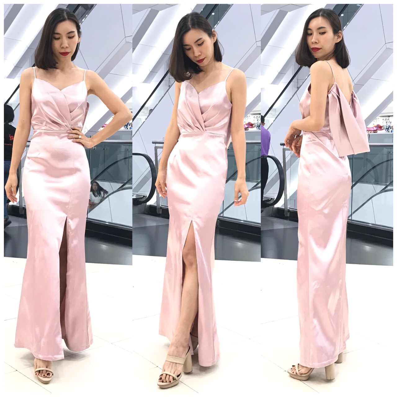 พร้อมเช่า ชุดเดรส เดรสสายเดี่ยว ผ้าดัชเชส แพทเทิร์นเนียบ ผ่าหน้าขา สีชมพู