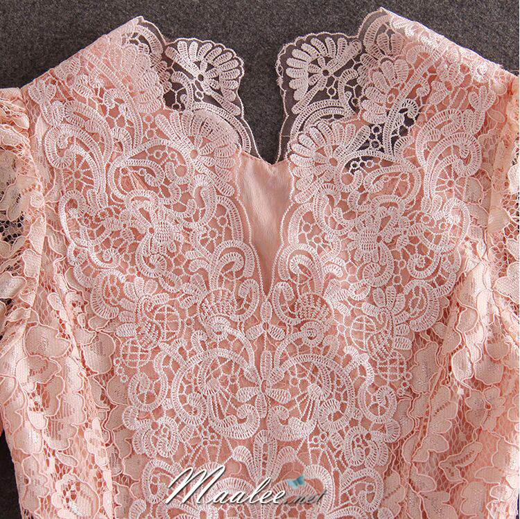 พร้อมส่ง ชุดราตรีสั้น/แขนยาว คอวี เนื้อผ้าลูกไม้ & Cotton แต่งซิปข้าง สีแดง (เหลือเฉพาะไซส์ 3XL)