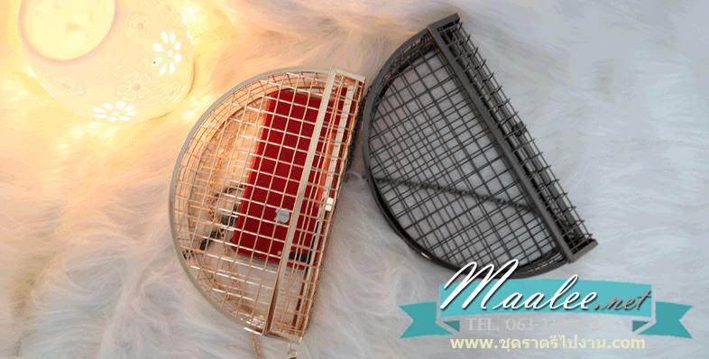 พร้อมส่ง Evening Clutch กระเป๋าออกงาน สีทอง แบบโปร่งลายตาราง ใส่ของได้เยอะ พร้อมสายโซ่