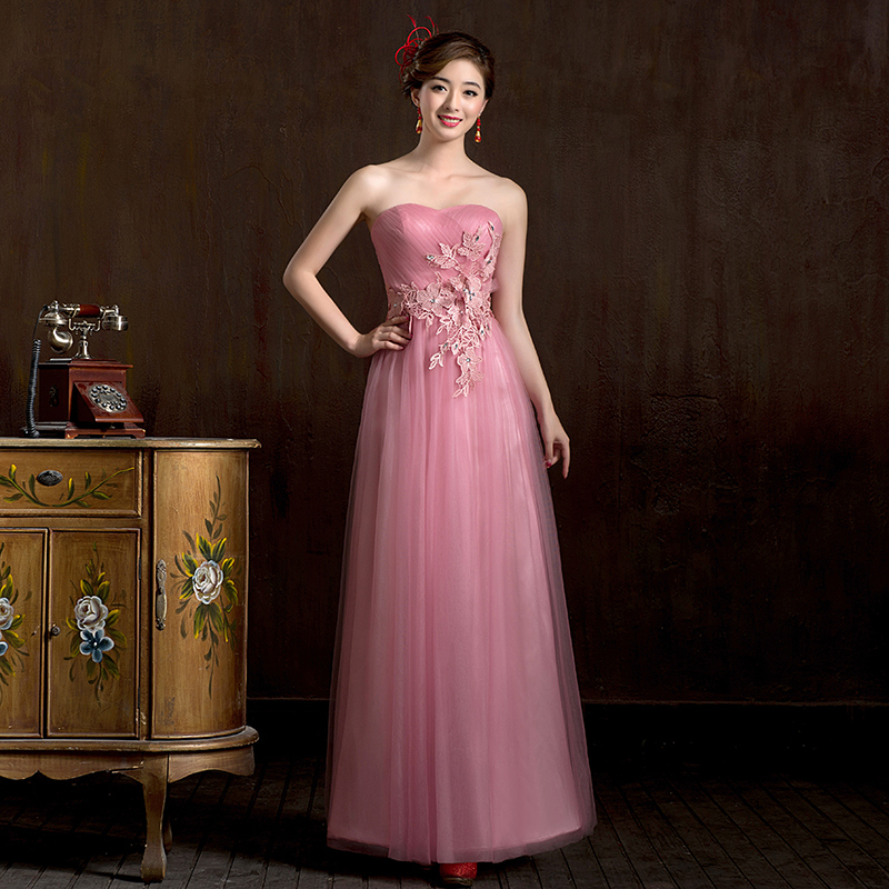 พร้อมส่ง ชุดราตรียาว เกาะอก สีชมพูหวาน ผ้าตาข่ายทั้งชุด อกจับจีบ แต่งดอกคาดเอว & พร้อมเม็ดคริสตัลหรู (เหลือสีชมพูอ่อน)