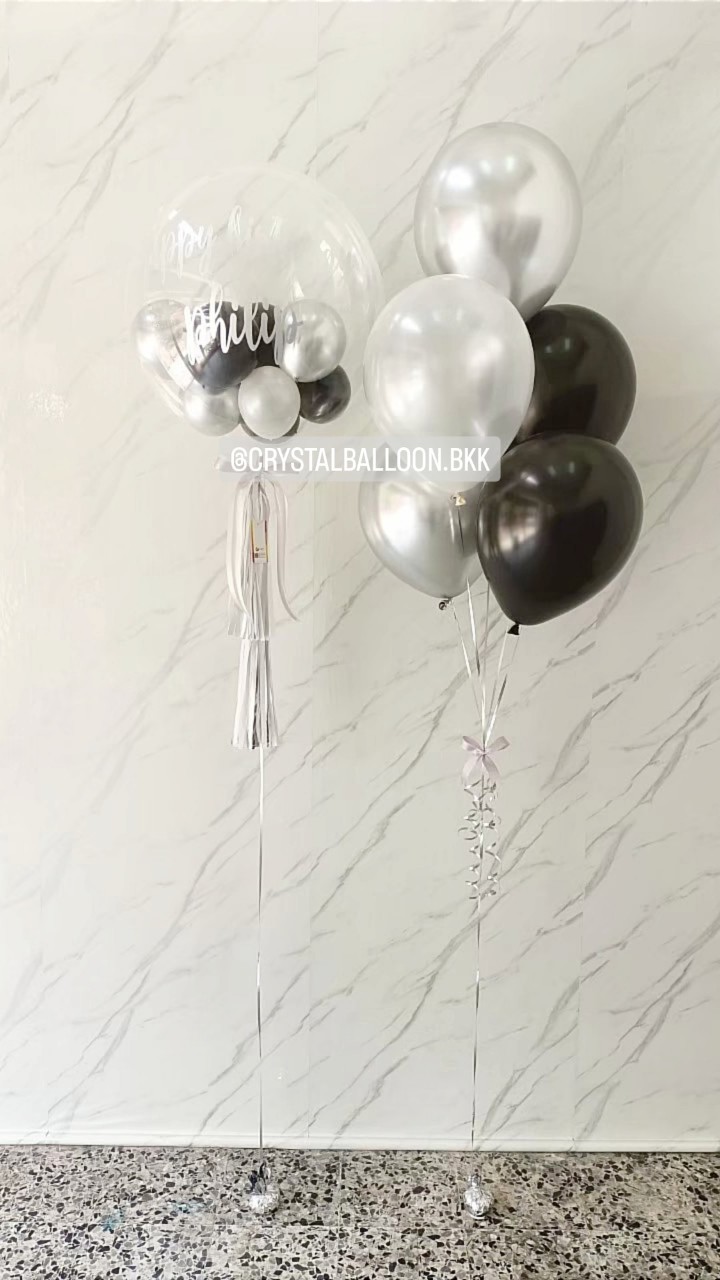ลูกโป่ง วันเกิด Bubble USA ขนาด 24" Theme สีขาว-ดำ พร้อมตกแต่ง ช่อลูกโป่ง 5 ลูก 1 ช่อ สามารถเปลี่ยนสีลูกโป่ง/เปลี่ยนข้อความได้