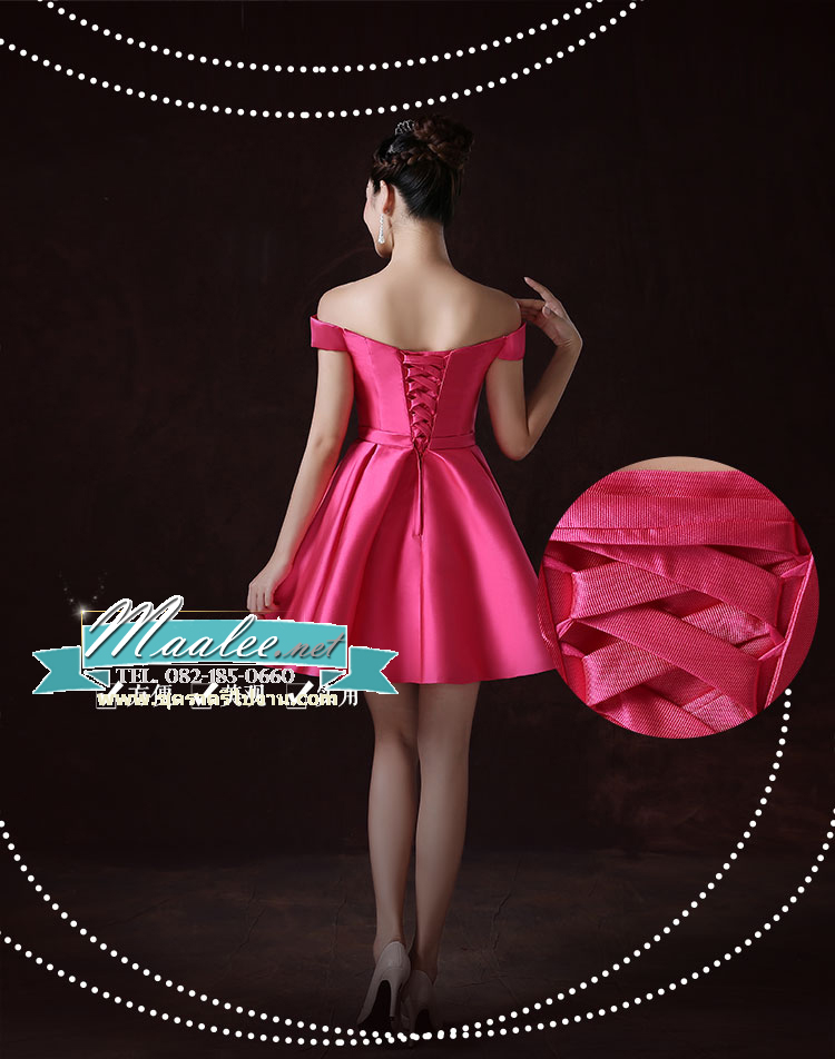พร้อมส่ง ชุดราตรีสั้น แบบปาดไหล่ ผ้าซาตินเรียบหรู กระโปรงทรงA แต่งโบว์2ชั้น ช่วงเอว สีชมพู Hot pink (เชือกผูกหลัง)