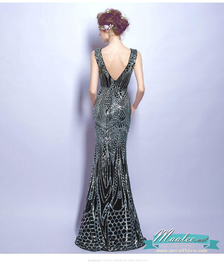 พร้อมเช่า ชุดราตรียาว ชุดออกงานกลางคืน งานพรอม แบบแขนกุด สีดำปักเลื่อมทั้งชุด หรูหรา Sexy แหวกหน้าขา โชว์หลัง