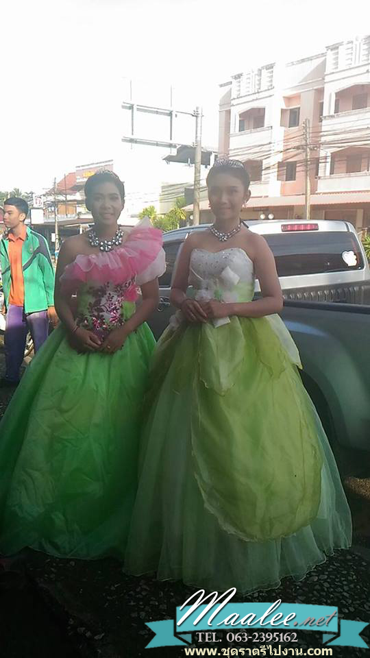 พร้อมเช่า ชุดแฟนซี ชุดราตรียาว เกาะอก สีเขียว ขาว Pastel แต่งผ้าแก้ว ช่อดอกไม้