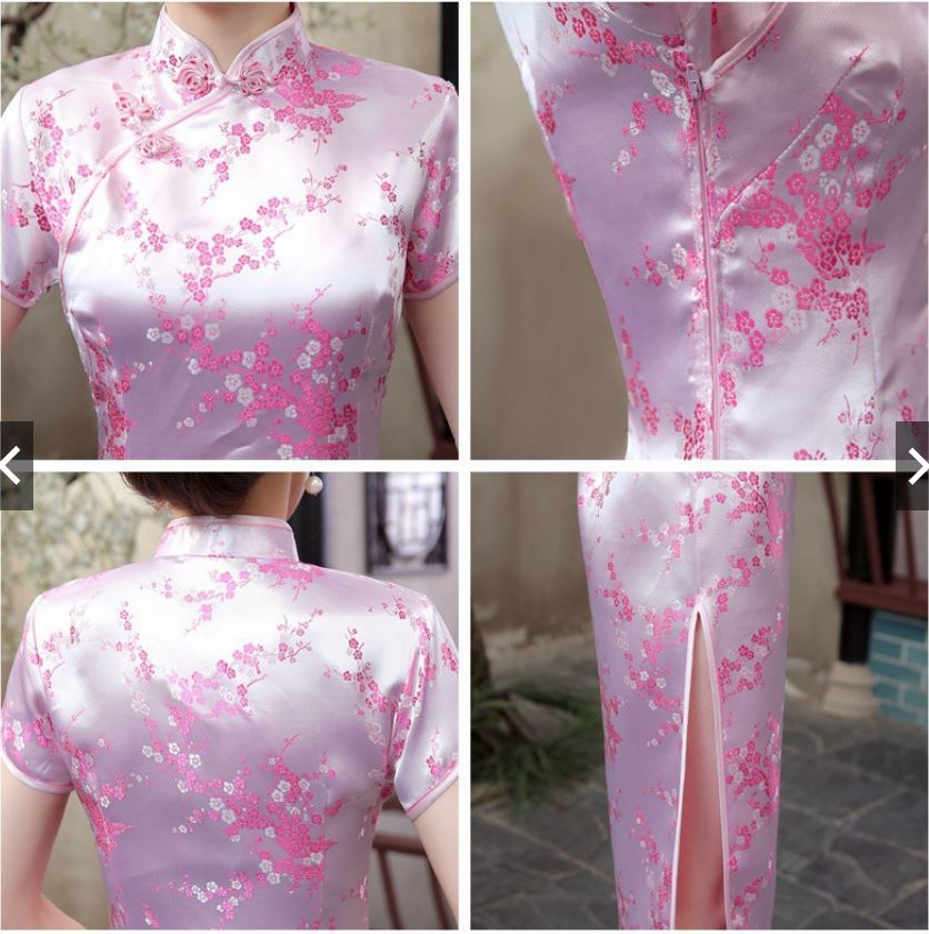 พร้อมส่ง กี่เพ้า สีชมพู ลายดอกบ๊วย Cherry Blossom ผ้าไหมจีน กุ๊นขอบ ตัดเย็บอย่างดี