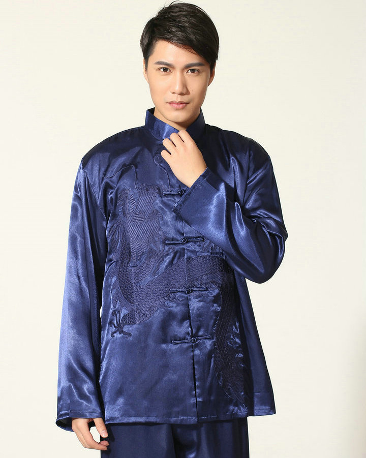 Pre-order ชุดจีน ชาย เสื้อพร้อมกางเกง สีน้ำเงิน ปักลายมังกร