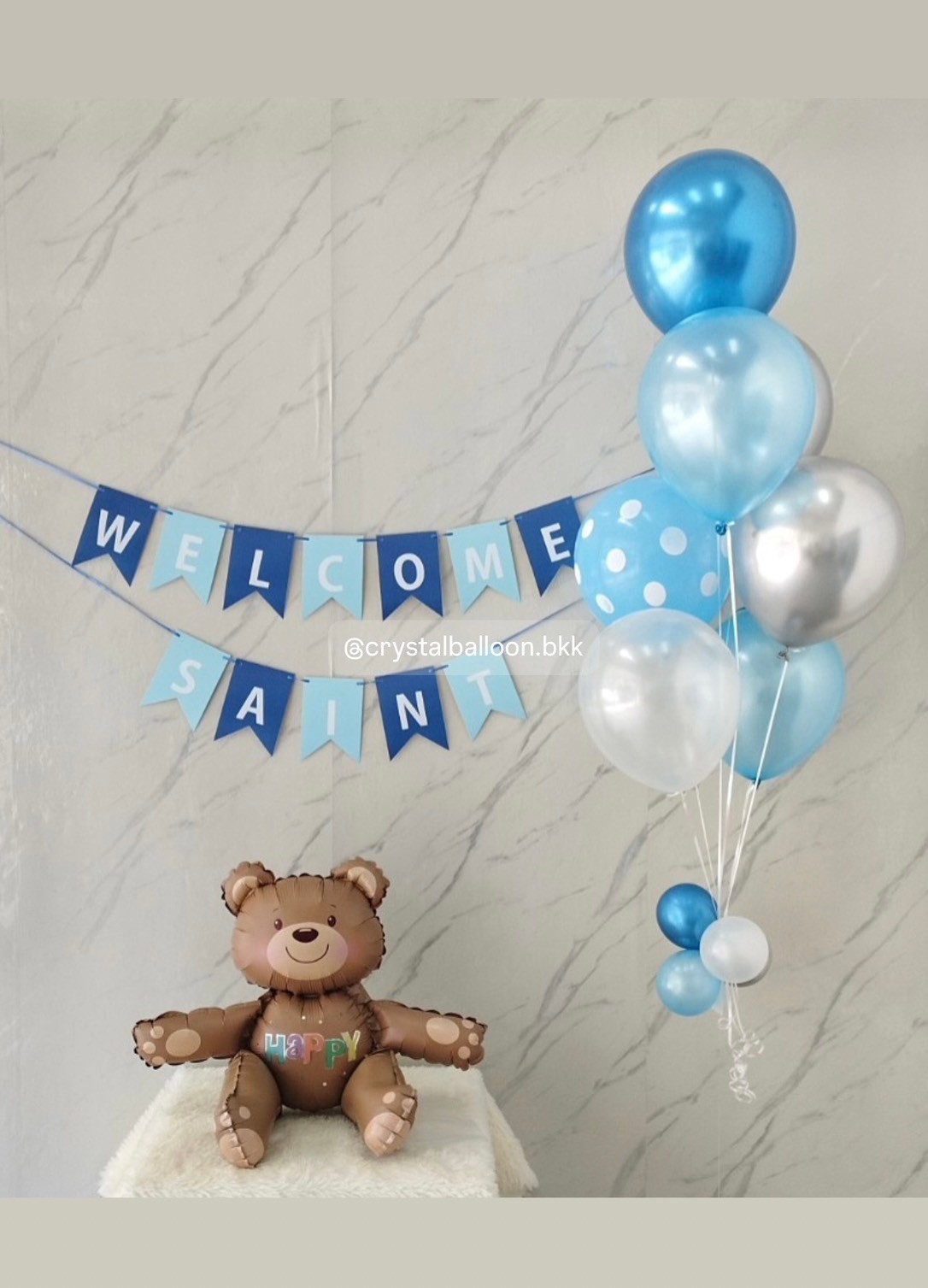 ลูกโป่ง Welcome Baby ช่อลูกโป่ง ธีมสีฟ้า-ลายจุด ช่อ 7 ลูก 1 ช่อ พร้อม ป้ายธง 12 แผ่น,ฟอยล์หมี สีน้ำตาลเข้ม Happy นั่ง 1 ชิ้น พร้อมตกแต่ง สามารถเปลี่ยนสีลูกโป่ง/เปลี่ยนข้อความ/เปลี่ยนสี-ป้ายธง/เปลี่ยนฟอยล์ตกแต่งได้