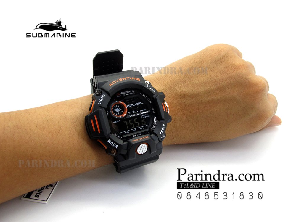 นาฬิกา US submarine รุ่น TP1328M สีดำตัดส้ม พื้นหลังดำ