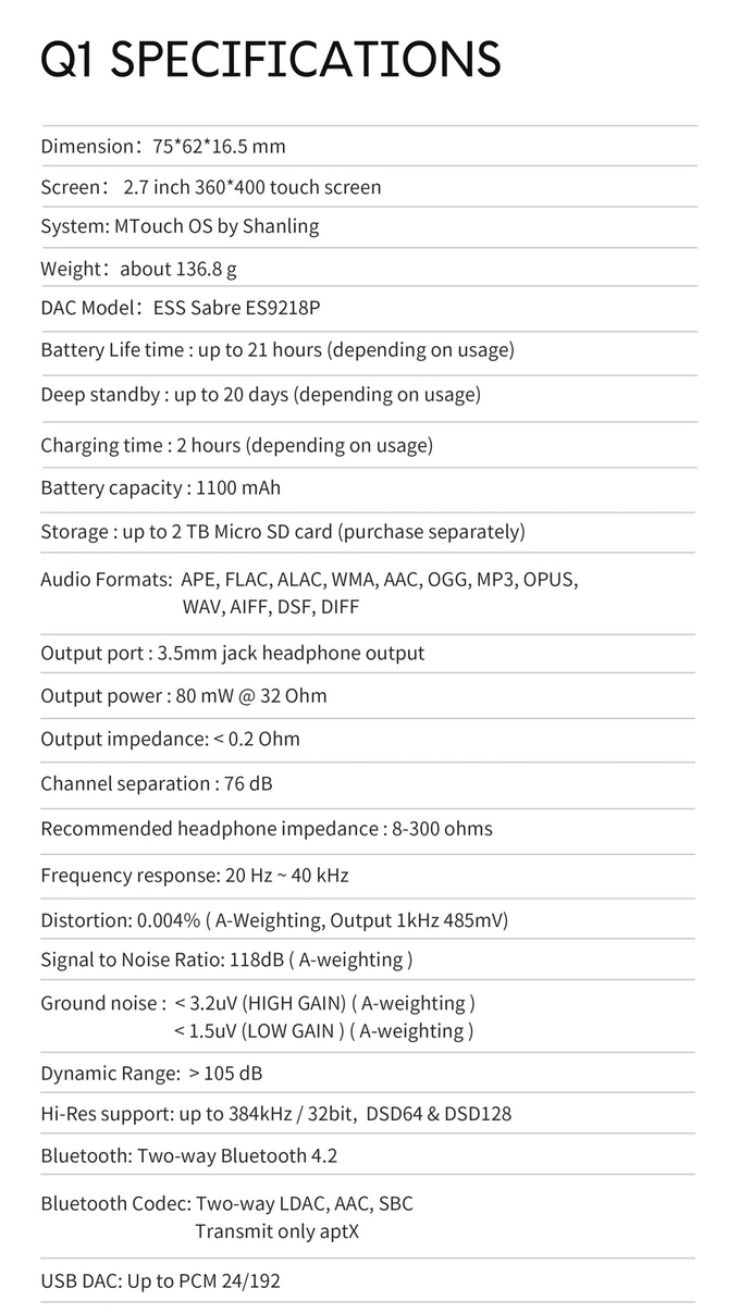 ขาย Shanling Q1 Dap ชิป ESS ES9218P รองรับ Two-Way Bluetooth aptX LDAC Hi-Res