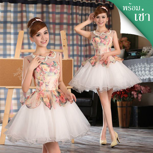 พร้อมเช่า ชุดแฟนซี ชุดราตรีสั้น หวานแบบ Vintage ผ้าโปร่งลายดอกไม้ กระโปรงผ้าแก้วสีขาว สวยหวาน