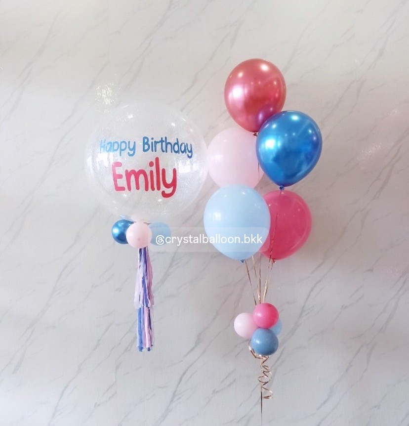 ลูกโป่งวันเกิดเด็ก Bubble ขนาด 24" กลิตเตอร์สีขาว พร้อมลูกโป่งช่อ 5 ลูก 1 ช่อ Theme ชมพู - ฟ้า พร้อมตกแต่ง สามารถเปลี่ยนสีลูกโป่ง/้เปลี่ยนข้อความ/เปลี่ยนขนาดลูกโป่งได้