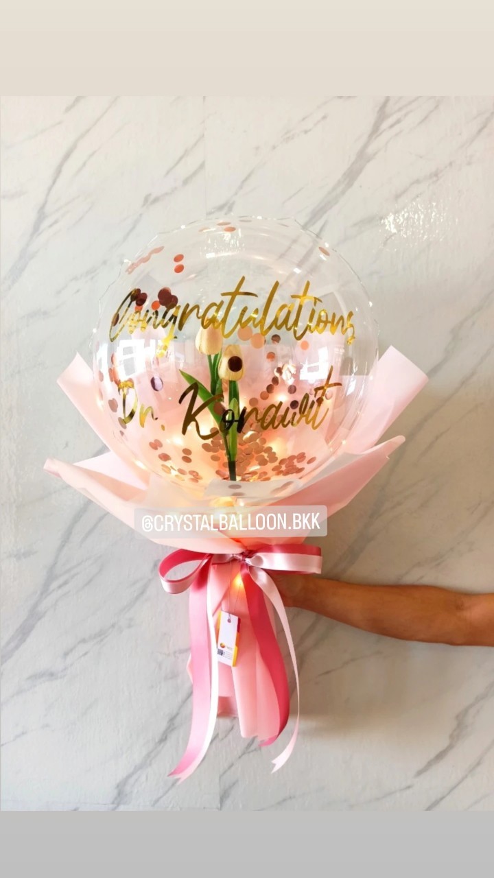 Flower Balloon แสดงความยินดี ดอกทิวลิป 2 ดอก Bubble ขนาด 18" พร้อม ไฟประดับ 1 ชิ้น,สามารถใส่เงิน 30 ใบ พร้อมตกแต่ง สามารถเปลี่ยนข้อความ/เปลี่ยนสีได้