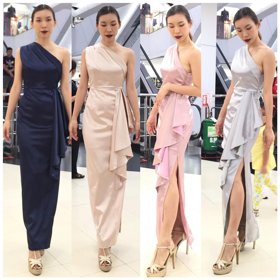 พร้อมเช่า ชุดเดรส เดรสไหล่เดียว ผ้าดัชเชส แพทเทิร์นเนียบ แต่งระบายสะโพก สีฟ้าอมเทา