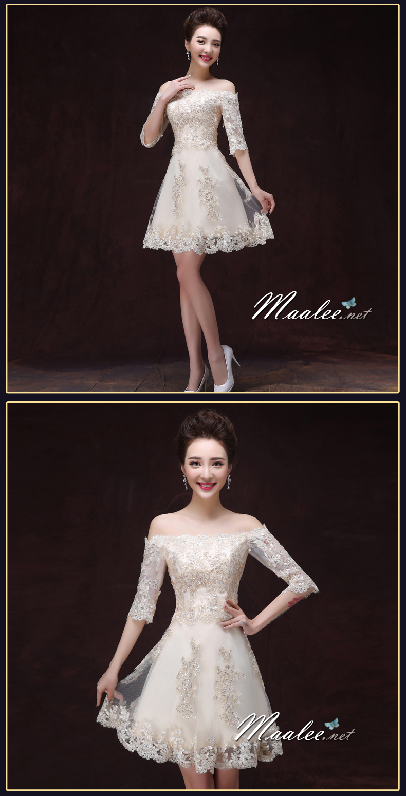 พร้อมเช่า ชุดราตรีสั้น แบบปาดไหล่ ตัวชุดลูกไม้ปักดิ้น กระโปรงตาข่าย สีครีม Champagne