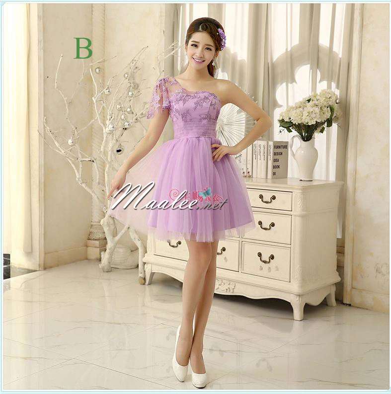พร้อมส่ง ชุดราตรีสั้น ชุดเพื่อนเจ้าสาว ไหล่เดียว สีม่วง Purple Pp-001B