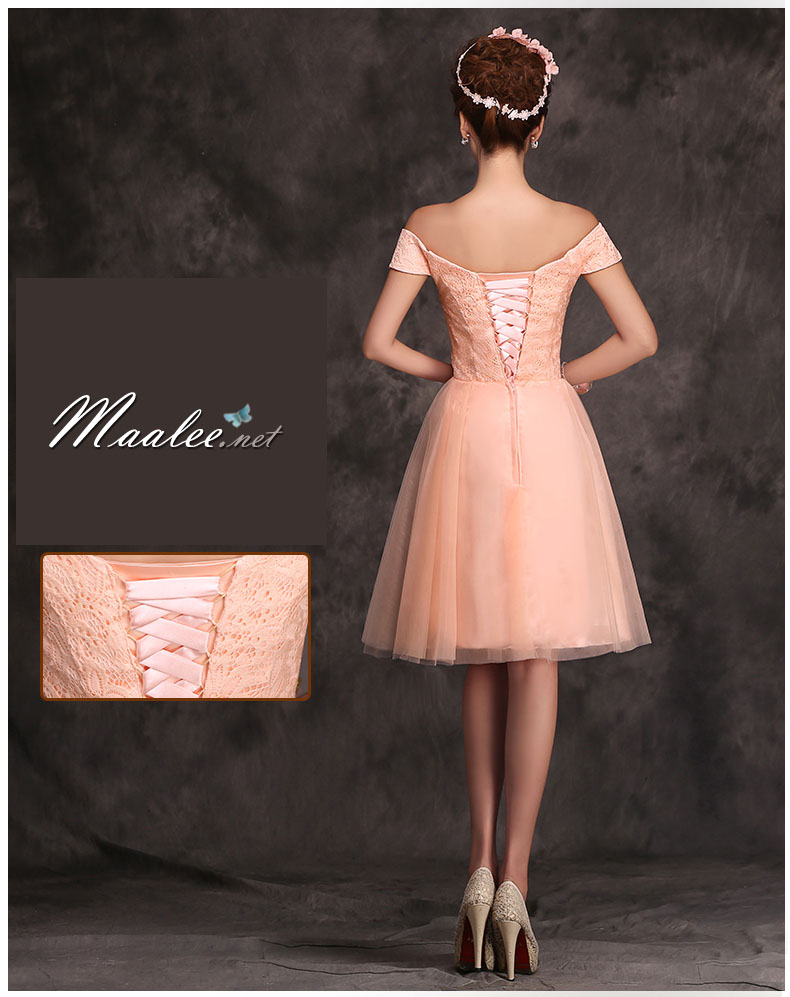 พร้อมส่ง ชุดราตรีสั้น ชุดเพื่อนเจ้าสาว PE-619 สีโอโรส แบบ C ไหล่ปาด ช่วงอกแต่งลูกไม้ เอวแต่งกลีบดอกไม้สวย (เชือกผูกหลัง)