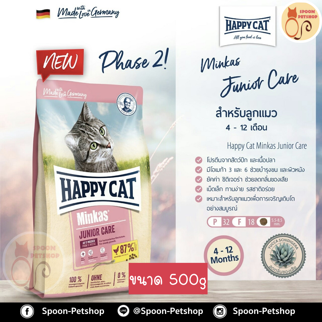 Happy Cat Minkas Junior Care อาหารแมว แฮปปี้ แคท แมว สูตรลูกแมว 4-12 เดือน Phase2 จูเนียร์ แคร์ 500g