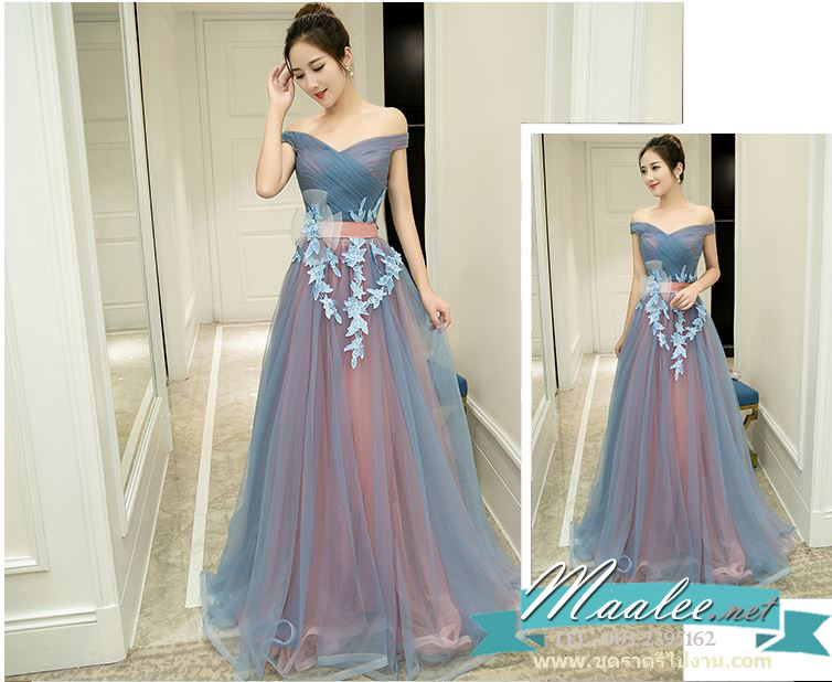 พร้อมเช่า ชุดราตรียาว แบบไหล่ปาด สีเทา-ชมพู Two Tone สไตล์เจ้าหญิง สวยหวานน่ารักมาก เนื้อผ้าตาข่าย แต่งโบว์และลูกไม้ช่วงเอว (เชือกผูกหลัง)