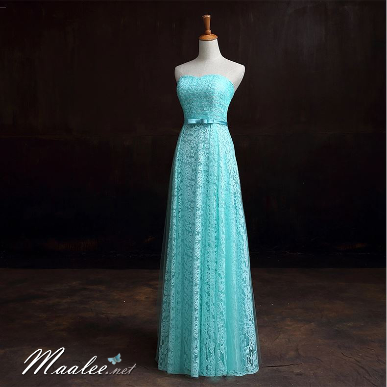 พร้อมส่ง ชุดราตรียาว เกาะอกลูกไม้ คลุมผ้าตาข่ายชั้นนอก แต่งโบว์ช่วงเอว สีฟ้า