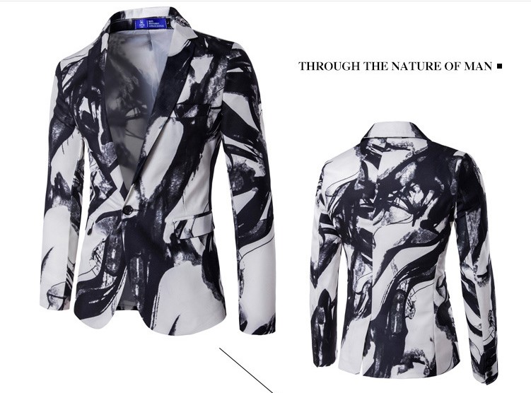 พร้อมเช่า เสื้อสูทชาย สีขาวดำ พิมพ์ลายหินอ่อน กับกางเกงสแลคดำ