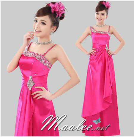 พร้อมเช่า ชุดราตรียาว ไหล่เฉียง สีชมพู Hot Pink จับจีบที่เอว คอประดับลูกปัดคริสตัลสวยหรู