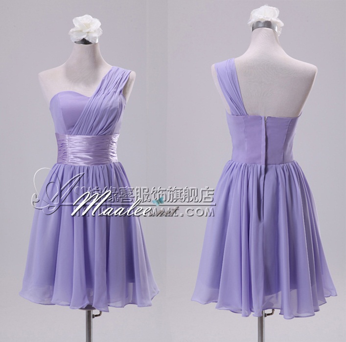 พร้อมส่ง ชุดราตรีสั้น บ่าเฉียง สีม่วง คอเว้า Sweet Heart คาดเอวผ้าซาติน