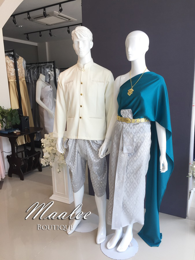 เช่า ชุดไทย ชุดเพื่อนเจ้าสาว ชุดไทยผ้าถุงสีเทาเงิน สไบเรียบสีน้ำทะเล