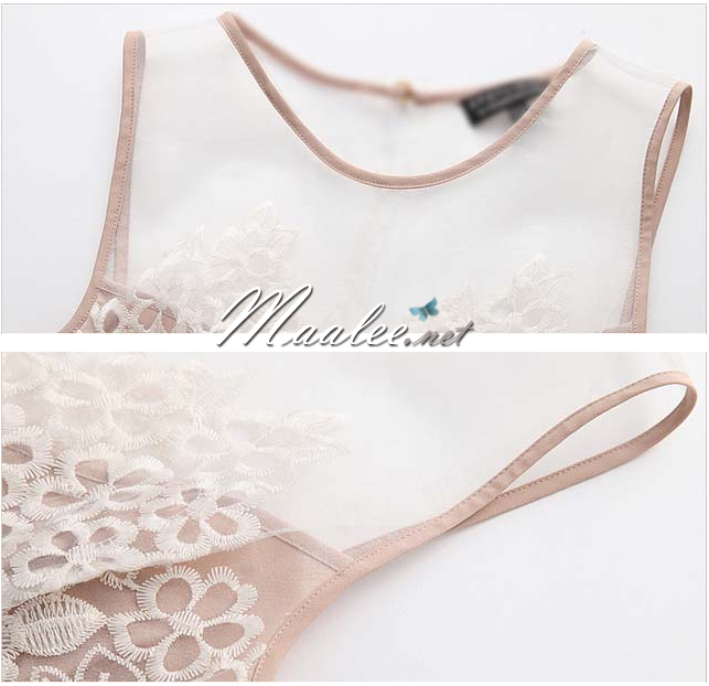 พร้อมส่ง ชุดเดรส/ชุดราตรีสั้น แขนกุด สีนู๊ด ผ้าแก้วปักลายดอกกุหลาบ ช่วงด้านหน้าและด้านหลังเป็นแบบซีทรู (เหลือเฉพาะไซส์ L)