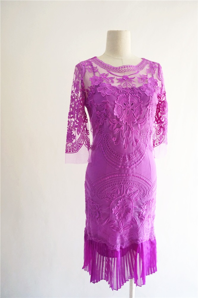 พร้อมส่ง ชุดราตรีสั้น/แขนยาว สี ม่วง ลูกไม้ทั้งชุด กระโปรงอัดพลีท (เหลือเฉพาะไซส์ 2XL)