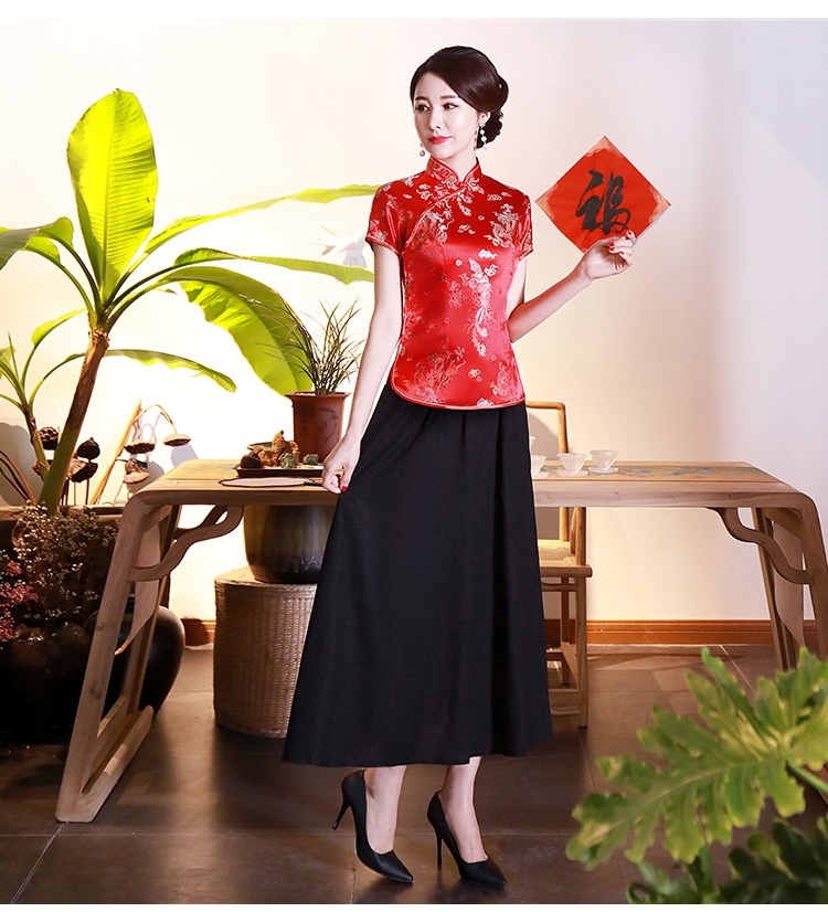 Pre-order เสื้อกี่เพ้า สีแดง ลายมังกรนกฟินิกซ์ ผ้าไหมจีน กุ๊นขอบ ตัดเย็บอย่างดี