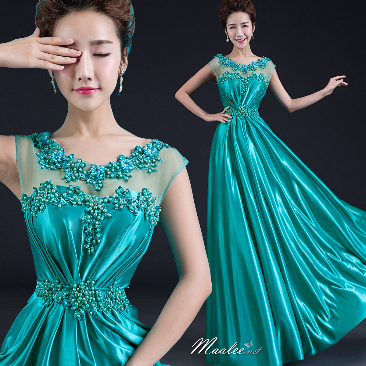 พร้อมเช่า ชุดราตรียาว แขนกุด สีเขียวน้ำทะเล เนื้อผ้ามันใส่สบาย แต่งมุกปักเลื่อมสวยหรูทั้งอกและเอว