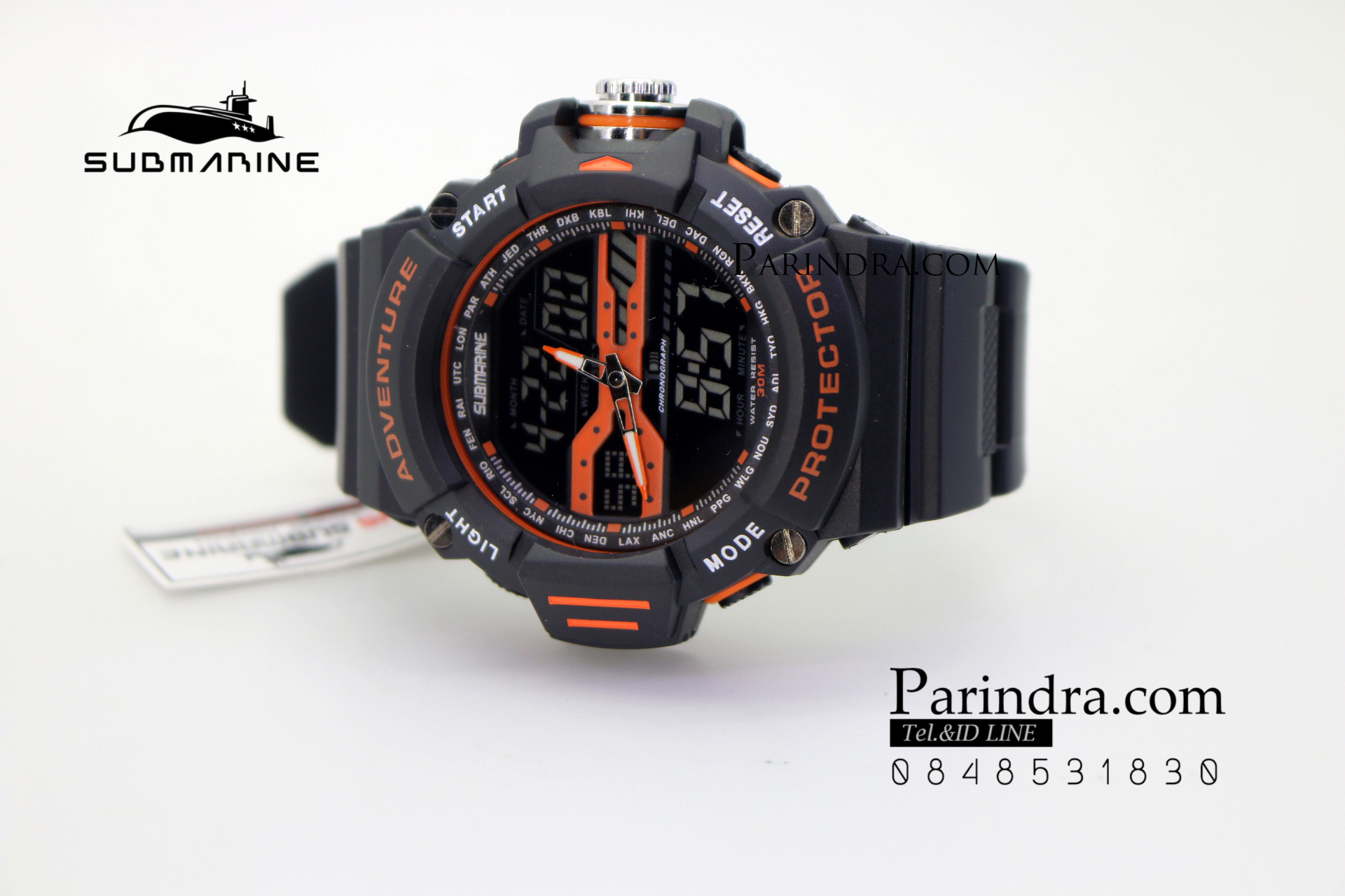 นาฬิกา US submarine รุ่น TP3164M สีดำตัดส้ม พื้นหลังดำ