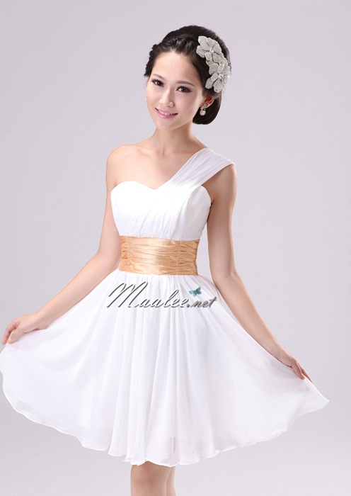 พร้อมส่ง ชุดราตรีสั้น บ่าเฉียง สีชมพูอ่อน คอเว้า Sweet Heart คาดเอวผ้าซาติน